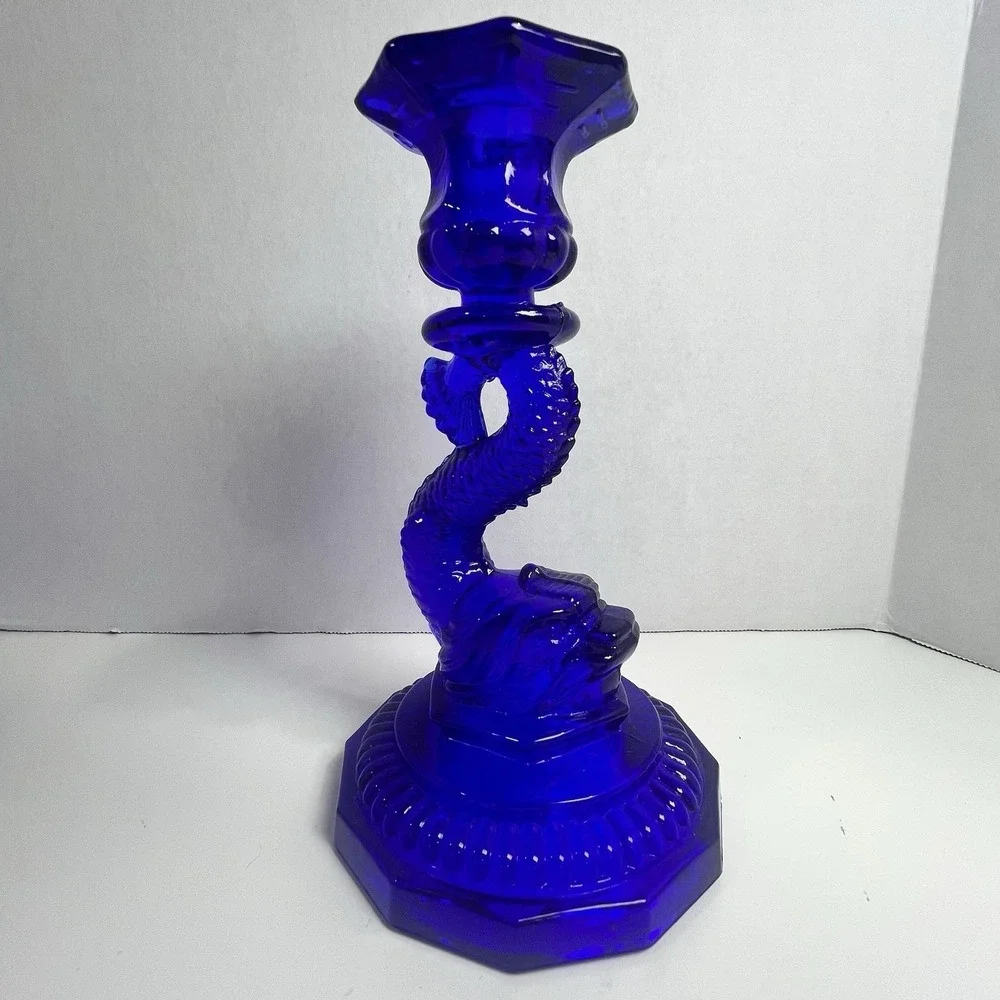 Vintage Cobalt Blue Glass Bearded Koi Tapered Candle Stick Holder Set of 2